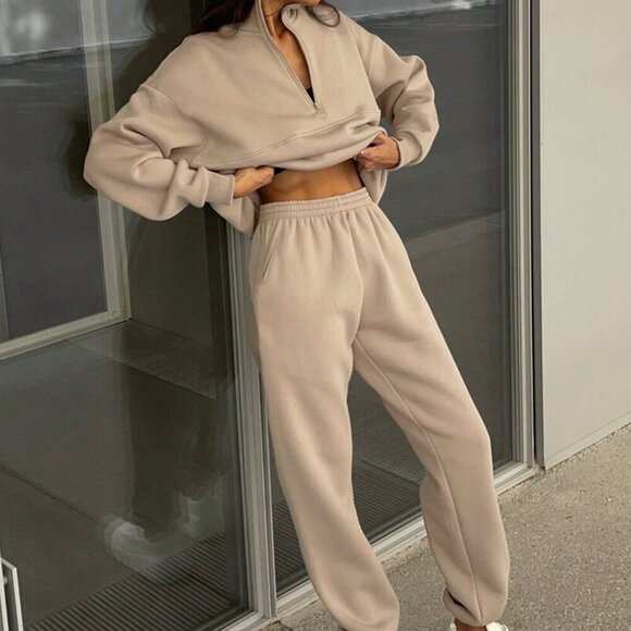 Khaki Casual Women's Solid Color 2-Piece Set - Picture 6 of 7